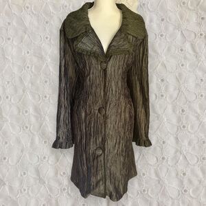 Vintage Y2K Pretty Angel Olive Green Silk Ruffle Duster Trench Coat Jacket